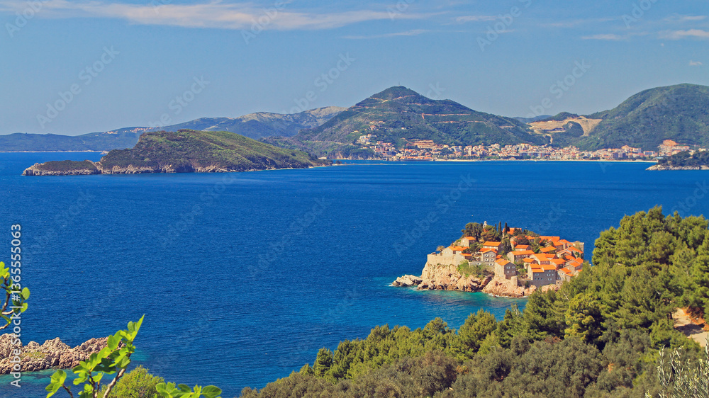 Sveti Stefan Islet and Resort in Adriatic Sea Montenegro Coast Panorama Sunny Spring Day