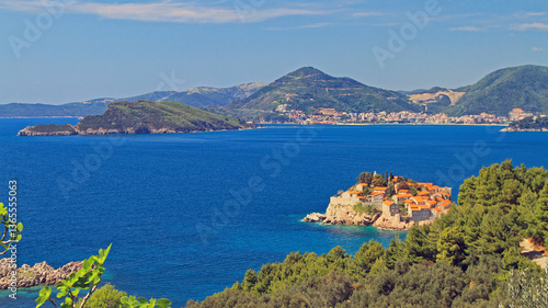 Sveti Stefan Islet and Resort in Adriatic Sea Montenegro Coast Panorama Sunny Spring Day