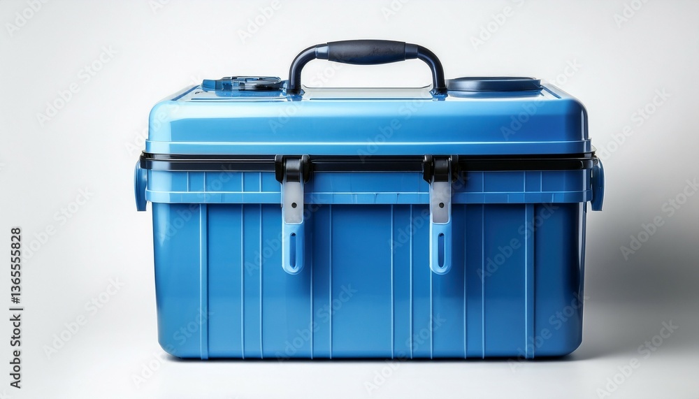 a blue cooler with a sturdy handle stands on a clean white background on white background a blue cooler with a sturdy handle stands on a clean white background on white background