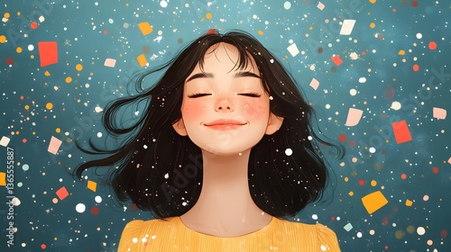 Serene girl amidst falling confetti, teal background