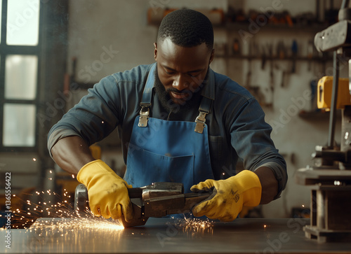 
A Black man in overalls and safety glasses is working with an angle grinder in the factory. Sparks fly from his hands as he works on creating something new using metal welding equipment. The image is