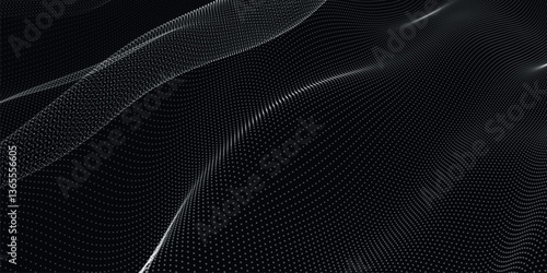Futuristic dot wave. Abstract digital particle wave. Black and white music wave. Dark background. Digital background with smooth wavy curves. 3D vector illustration