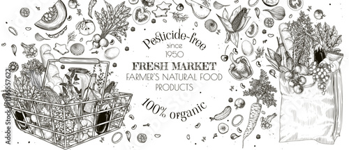 Vector illustration for market. Metal basket and paper bag with food with scattered ingredients. Template for grocery store with vegetables and fruits. Farm products banner in engraving style
