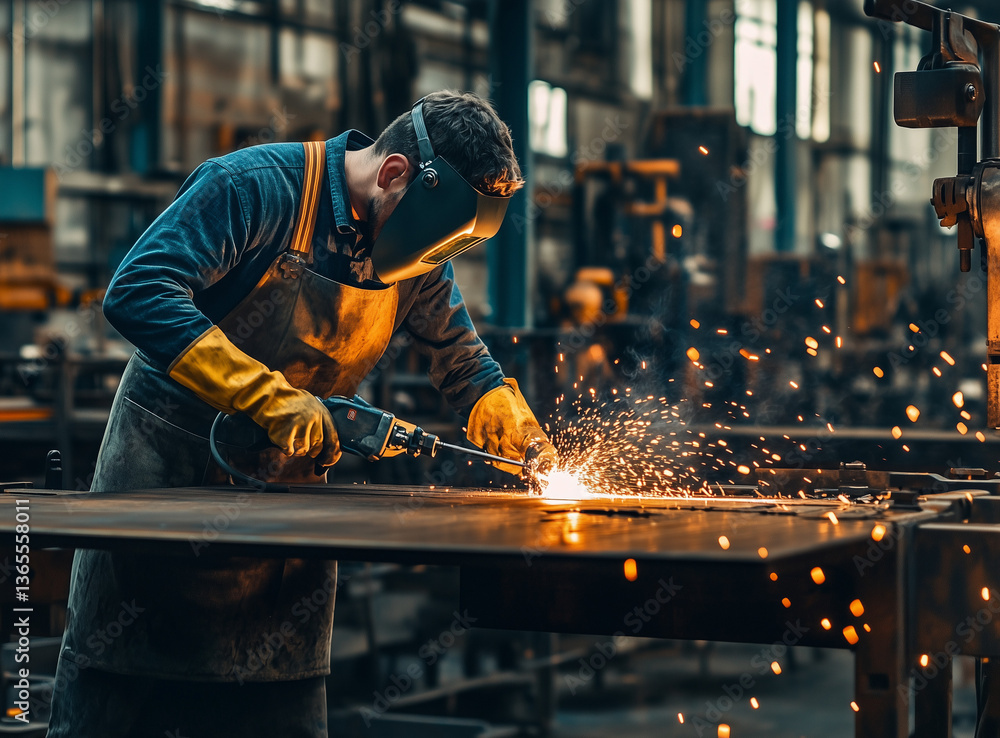 A man in overalls and an apron is welding metal parts at the factory. He wears protective glasses and gloves on his hands. In front of him, there's a workbench with tools such as pliers, a huge elect
A man in overalls and an apron is welding metal parts at the factory. He wears protective glasses and gloves on his hands. In front of him, there's a workbench with tools such as pliers, a huge elect