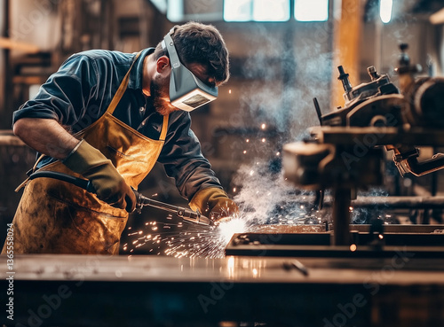 
A man in overalls and an apron is welding metal parts at the factory. He wears protective glasses and gloves on his hands. In front of him, there's a workbench with tools such as pliers, a huge elect