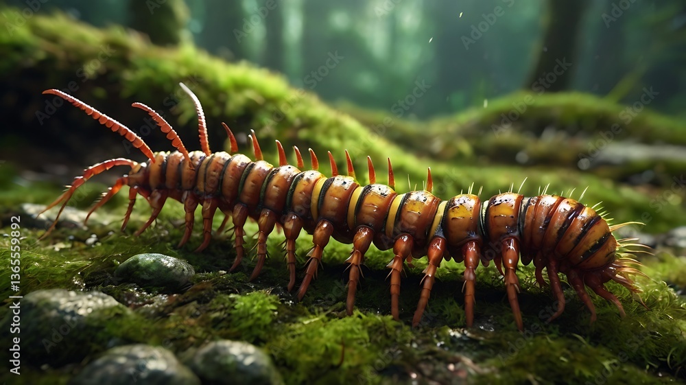 Obraz premium Ultra-HD 3D rendering of a centipede crawling over mossy ground, segmented body detailed