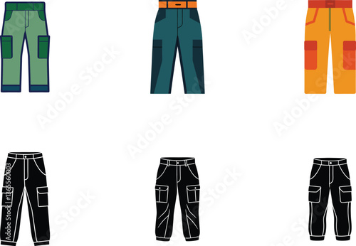 cargo pants vector icons, clothing cargo pant simple illustration set
