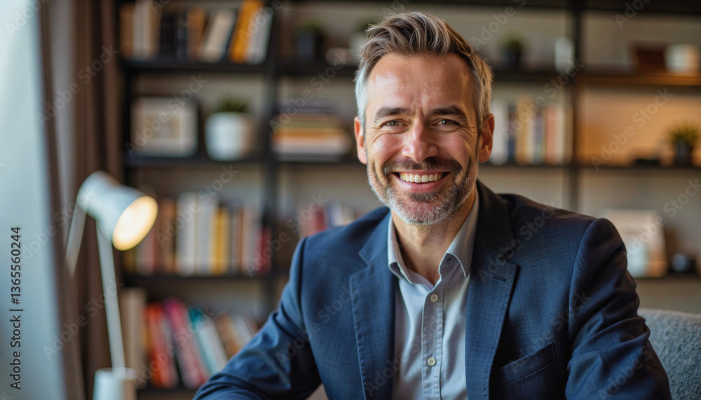 A portrait headshot photo of a friendly professional CEO executive business worker: A smiling, mature businessman with graying hair sits confidently in a home office, wearing a navy suit jacket a A portrait headshot photo of a friendly professional CEO executive business worker: A smiling, mature businessman with graying hair sits confidently in a home office, wearing a navy suit jacket a