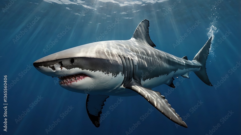 Naklejka premium Ultra-realistic 3D render of a great white shark swimming in deep blue ocean, teeth bared