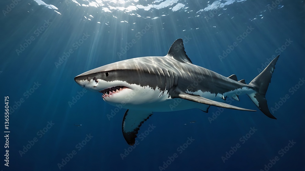 Obraz premium Ultra-realistic 3D render of a great white shark swimming in deep blue ocean, teeth bared