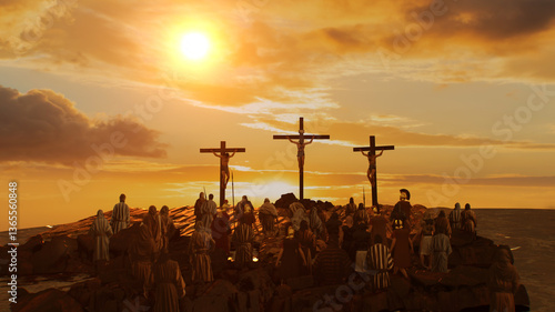 Konstfotografi Golgotha crucifixion of Jesus Christ, large crowd watching the crucifixion 3D re