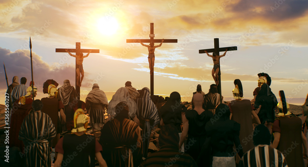 Fototapeta premium Golgotha crucifixion of Jesus Christ, large crowd watching the crucifixion 3D render