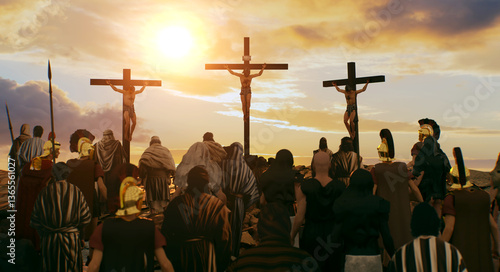 Golgotha crucifixion of Jesus Christ, large crowd watching the crucifixion 3D render