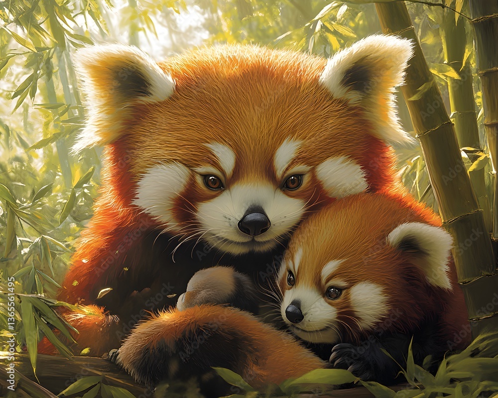 Close-Up of Red Panda Family Playfully Interacting in a Lush Bamboo Forest Close-Up of Red Panda Family Playfully Interacting in a Lush Bamboo Forest