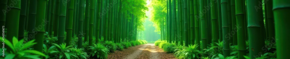 Obraz premium Dense bamboo grove, path disappearing into green depths , perspective, japan
