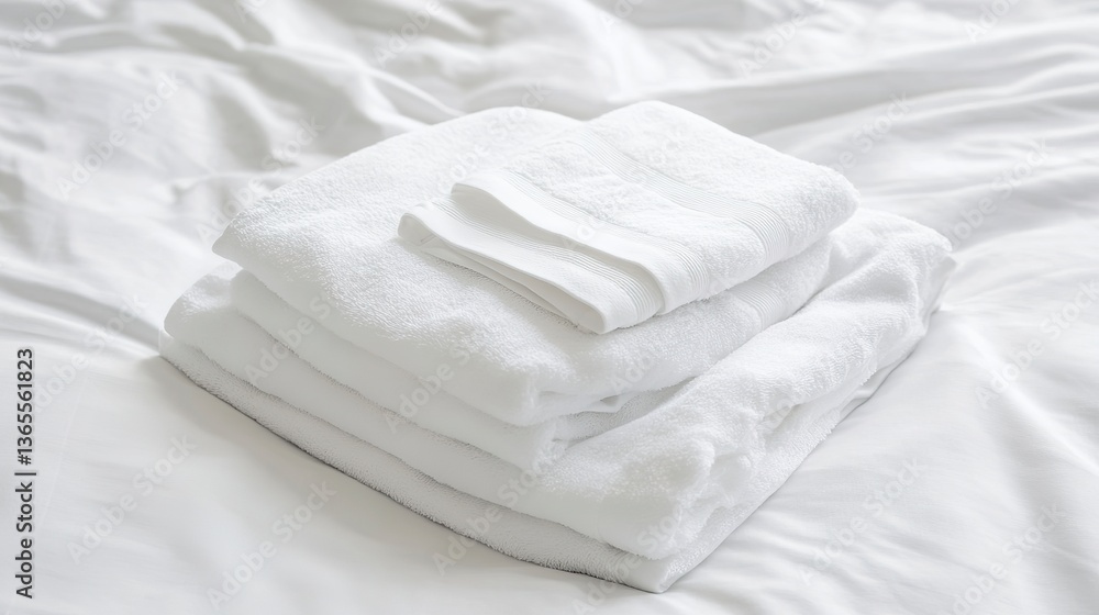 Obraz premium A pristine stack of fluffy white towels, freshly laundered and neatly folded, resting on a crisp white bedsheet, conveying a sense of calm and cleanliness.