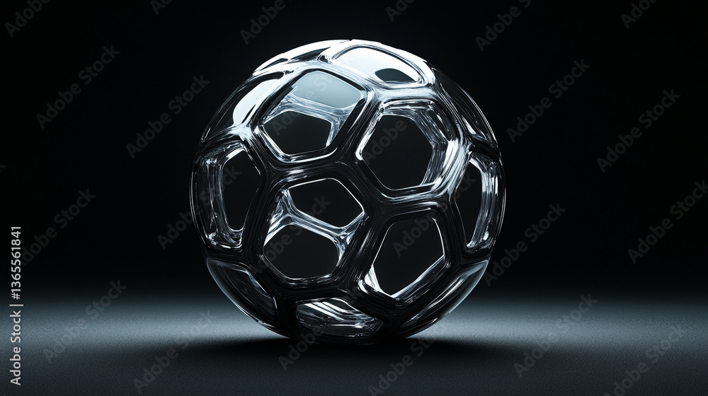 Naklejka premium A futuristic sphere with hexagonal openings made of a shiny material on a dark reflective surface