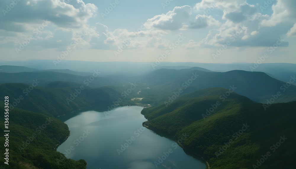 Aerial View of Lake Surrounded by Green Hills Under a Cloudy Sky Aerial View of Lake Surrounded by Green Hills Under a Cloudy Sky