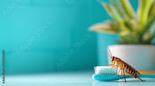 cockroach interacts with toothbrush in bright setting, creating surprising scene