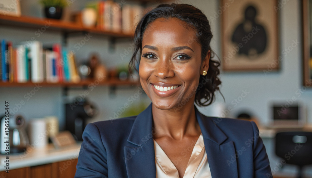 A portrait headshot photo of a friendly professional CEO executive business worker: A smiling, confident Black woman in a professional navy suit and cream-colored blouse looks directly at the vie A portrait headshot photo of a friendly professional CEO executive business worker: A smiling, confident Black woman in a professional navy suit and cream-colored blouse looks directly at the vie