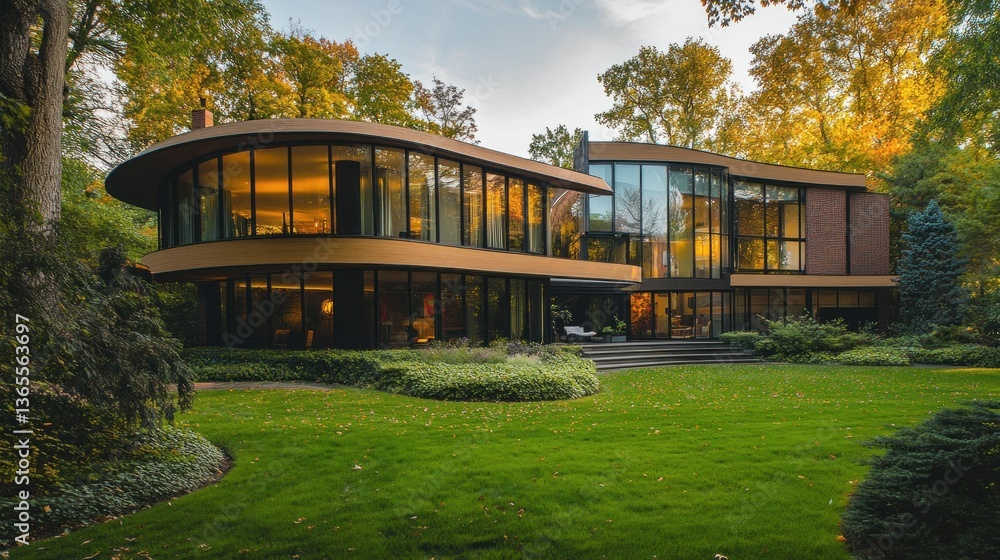Fototapeta premium A modern house with a unique design and large windows surrounded by greenery
