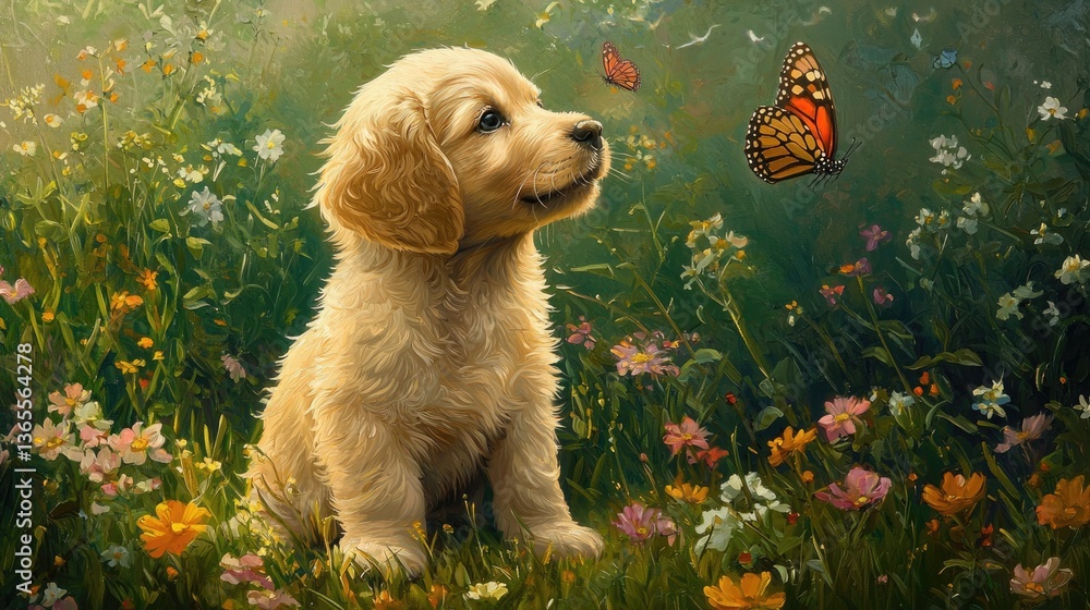 A puppy sits in a field of flowers, gazing at a butterfly fluttering nearby.
