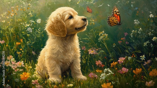 Obraz na płótnie A puppy sits in a field of flowers, gazing at a butterfly fluttering nearby. w salonie