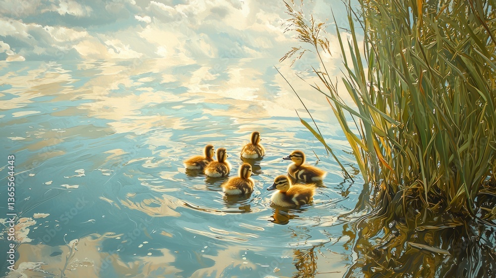 Ducklings swim peacefully in a serene water landscape surrounded by reeds and a cloudy sky.