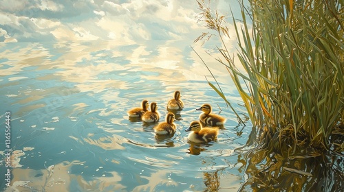 Obraz na płótnie Ducklings swim peacefully in a serene water landscape surrounded by reeds and a cloudy sky. w salonie