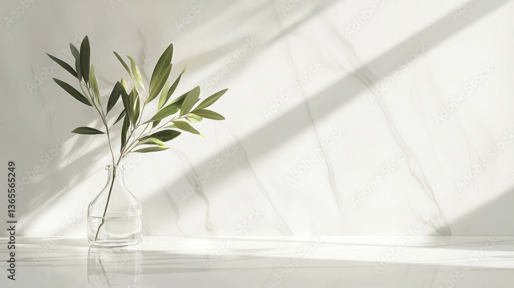 Minimalist olive branch in a glass vase, casting shadows on a textured wall.
