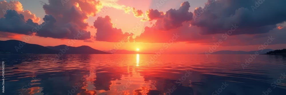 Sun dips below the horizon, casting long shadows across the water , rays, beach, evening Sun dips below the horizon, casting long shadows across the water , rays, beach, evening