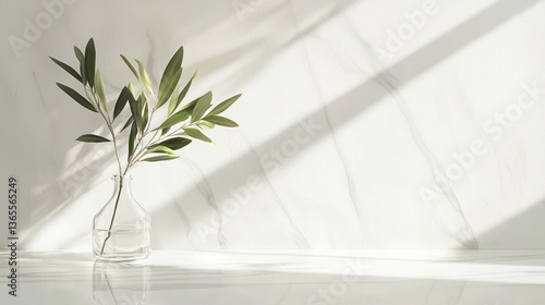 Minimalist olive branch in a glass vase, casting shadows on a textured wall.