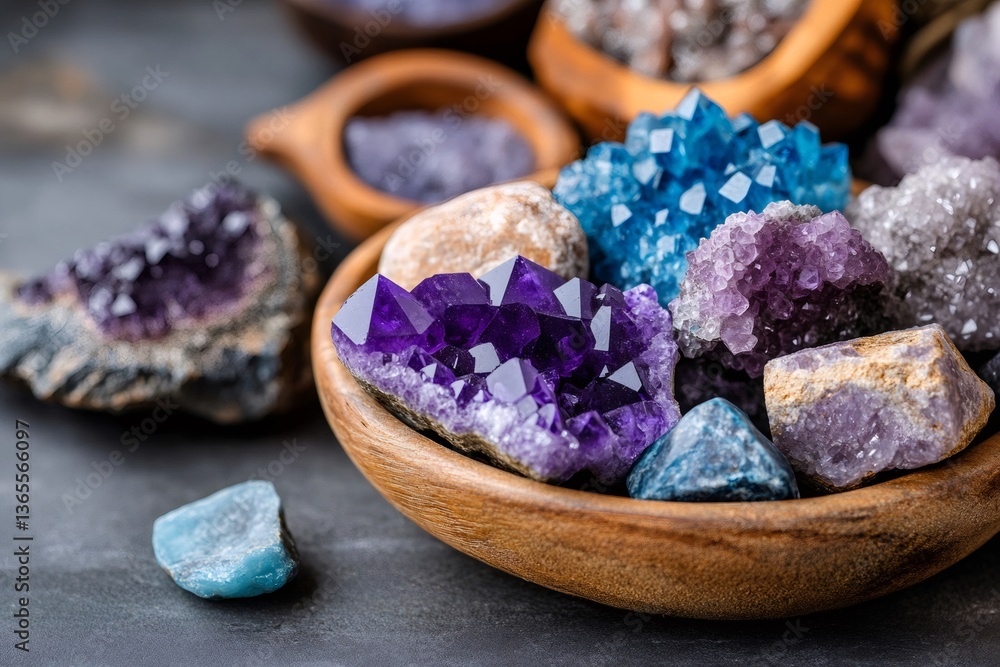 Collection of colorful amethyst and quartz crystals displayed in wooden bowls Collection of colorful amethyst and quartz crystals displayed in wooden bowls