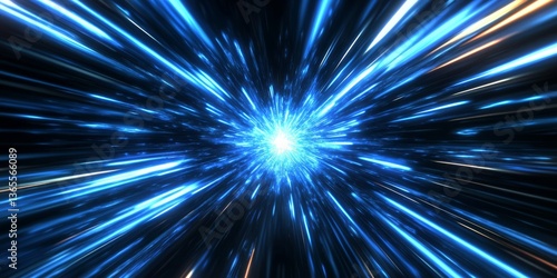 A vivid blue light is emanating from the center of a black background