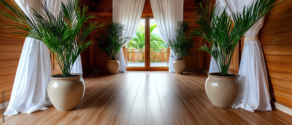 Fototapeta premium serene spa interior featuring bamboo decorations, soft white curtains, and lush green plants creates tranquil ambiance
