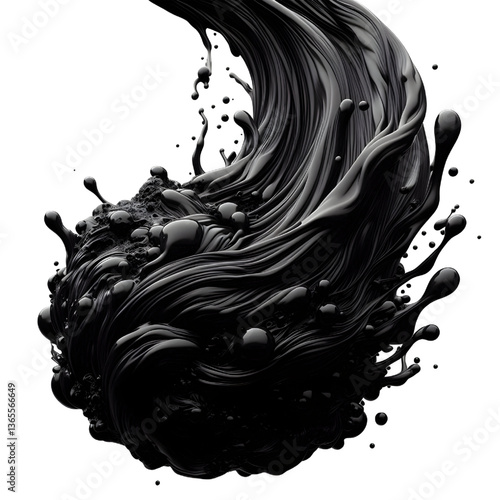 3D Black molten liquid flowing isolated on white background
