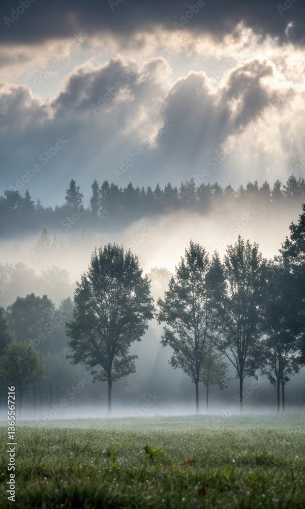Fototapeta premium serene forest landscape shrouded in early morning fog, with soft light filtering through trees, creating tranquil atmosphere