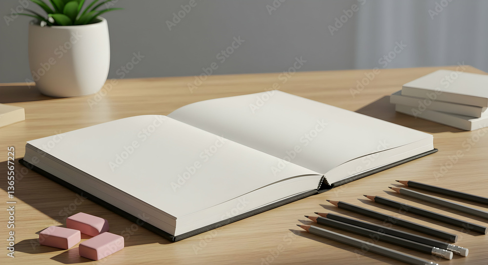 Fototapeta premium Blank Open Notebook On Wooden Desk With Pencils And Erasers