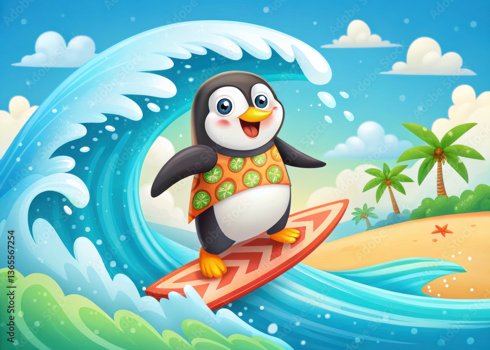 Obraz premium cheerful cartoon penguin surfing on giant wave, wearing colorful shirt, surrounded by palm trees and sunny beach