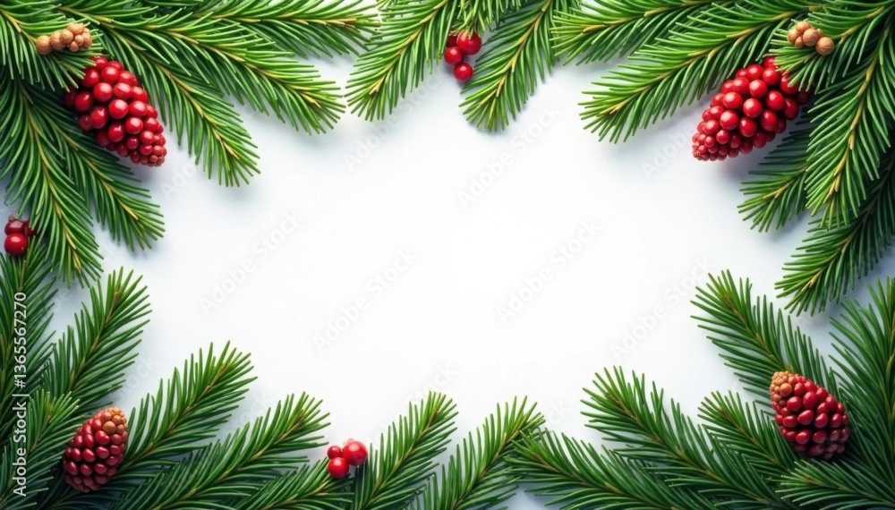 Lush fir branches and pine cones in a seasonal border, decoration, tree, evergreen