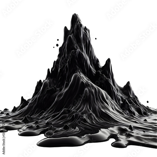 3D Black molten liquid flowing isolated on white background