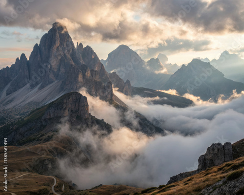 Majestic mountain range with peaks partially covered by low hanging clouds, creating serene and dramatic landscape at sunset