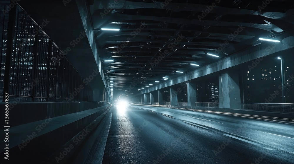 Dark urban scene under a bridge with bright headlights illuminating the road ahead.