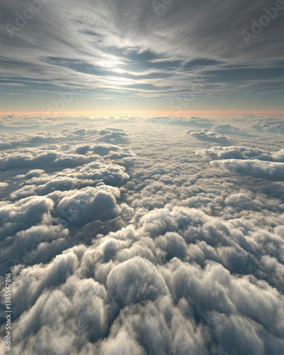 breathtaking aerial view of thick blanket of stratus clouds, illuminated by soft sunlight, creating serene and tranquil atmosphere