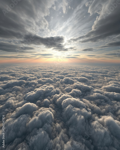 breathtaking aerial view of thick blanket of stratus clouds, illuminated by soft glow of setting sun, evokes sense of tranquility and wonder