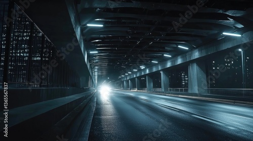 Obraz na płótnie Dark urban scene under a bridge with bright headlights illuminating the road ahead. w salonie