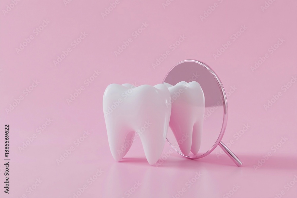 3D rendering of a white tooth and dental mirror on a pink background, in a minimalist style. AI-generated. 3D rendering of a white tooth and dental mirror on a pink background, in a minimalist style. AI-generated.