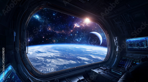 Fototapeta Naklejka Na Ścianę i Meble -  A wide-angle view of a wide-open space station window showing the vastness of outer space, with distant stars and planets, as astronauts work inside the station