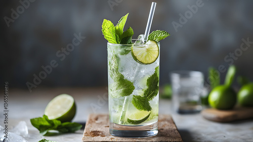 Wallpaper Mural Refreshing Virgin Mojito with Fresh Mint and Lime in a Clear Glass on a Rustic Wooden Table Torontodigital.ca