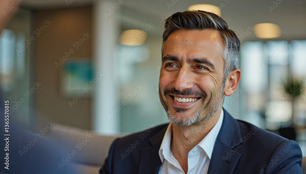 Fototapeta premium A portrait headshot photo of a friendly professional CEO executive business worker: A smiling, middle-aged man with graying hair and a neatly trimmed beard confidently engages in a conversation w